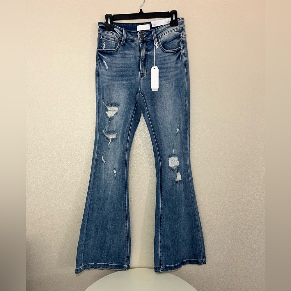 Petra 153 (Size 9/28) Dark Blue Wash Distressed Denim Stretch Flare Leg Jeans